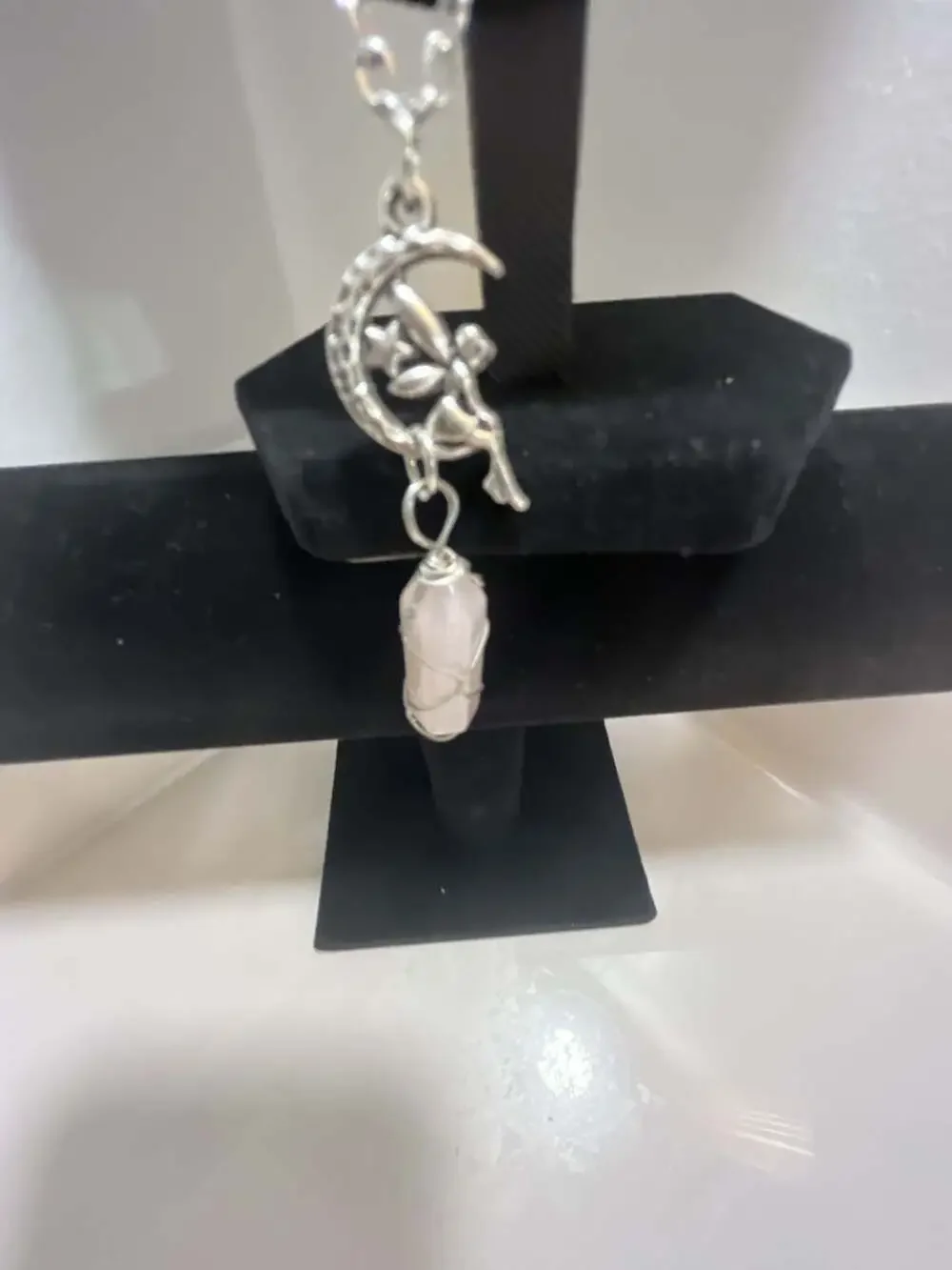 Wire Wrapped Rose Quartz Crystal and Crescent Moon Pendant Necklace
